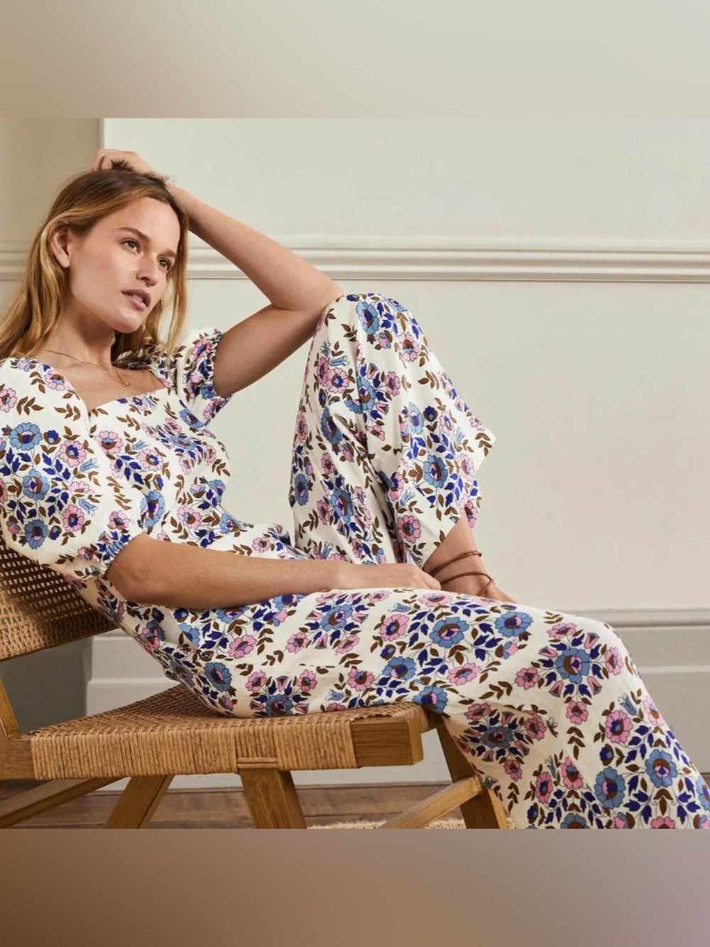 Boden Square Neck Linen Floral Jumpsuit 4 Petite Carole Middleton